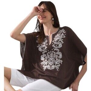 Chico’s Size L/XL Espresso Brown Embellished Embroidered Boho Poncho Top